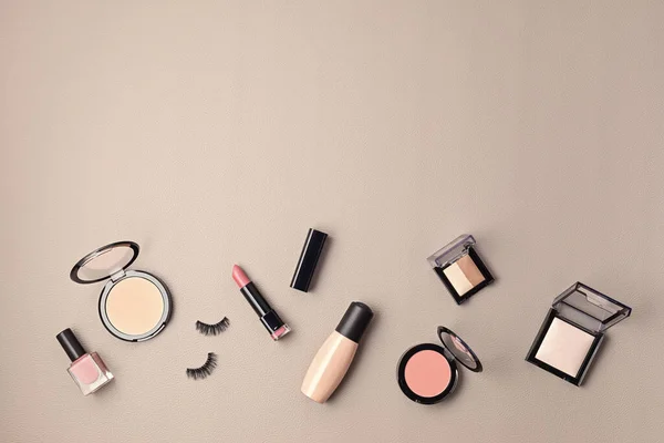 Lapos Feküdt Készlet Professzionális Dekoratív Kozmetikumok Smink Eszközök Női Tartozékok — Stock Fotó