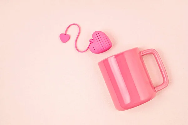 Flat Lay Heart Shaped Tea Bag Cup Waking Morning Tea — Stock Photo, Image