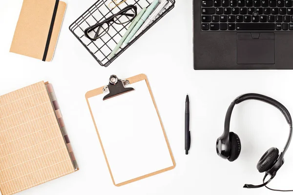 Top View Office Desk Table Laptop Office Supplies Flat Lay — Stock Photo, Image