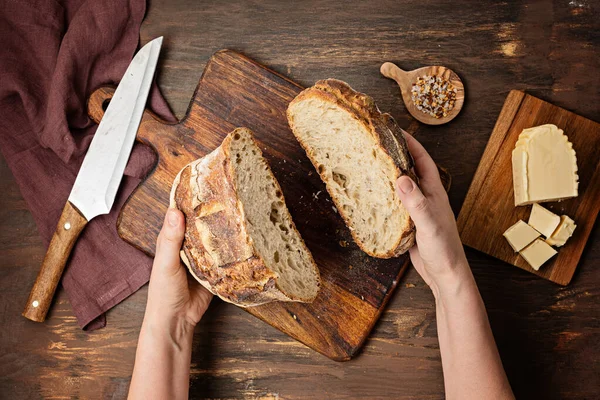 Pão Artesão Orgânico Fresco Alimentação Saudável Comprar Local Conceito Receitas — Fotografia de Stock