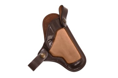 Kahverengi deri kılıfından tabanca üzerinde beyaz izole için