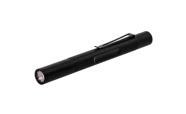 Modern black metal flashlight isolated on white — Stock Photo, Image