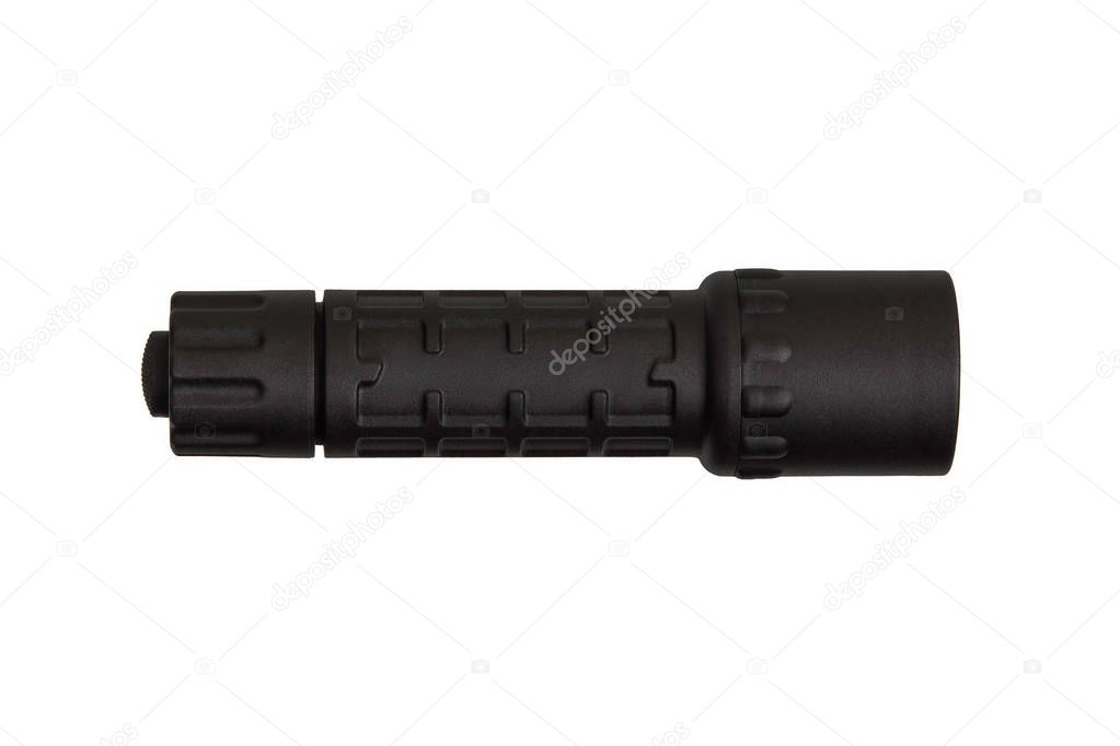 modern black metal flashlight isolated on white