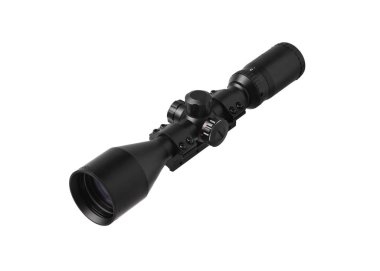 beyaza bürünen silah için modern siyah optik kapsam. Görüş 