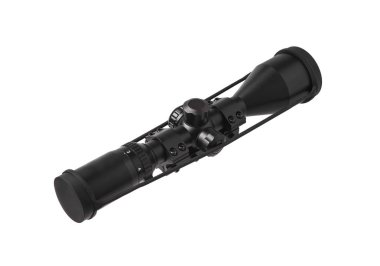 beyaza bürünen silah için modern siyah optik kapsam. Görüş 