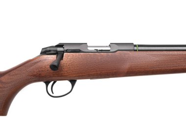 Klasik cıvata Carbine. 22LR ile bir ahşap popo izole beyaz