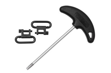 beyaz backgroun izole modern av tüfeği için aksesuarlar