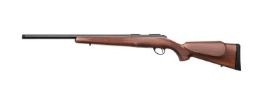 Klasik cıvata Carbine. 22LR ile bir ahşap popo izole beyaz