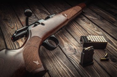 Klasik cıvata karabinası. 22 lr. Koyu bir ahşabın üzerinde tahta bir kalça.