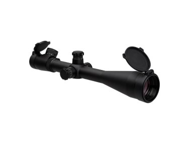 beyaza bürünen silah için modern siyah optik kapsam. Görüş 