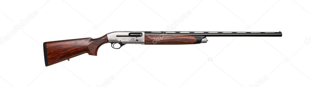 Hunting semi-automatic shotgun with wooden butt isolate on white