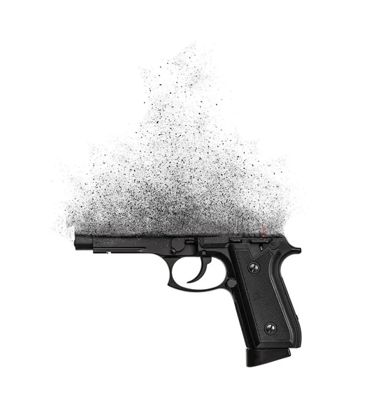 Una pistola que se desmorona en partículas en el espacio se aísla en un respaldo blanco — Foto de Stock