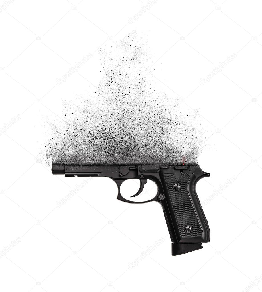 A gun crumbling into particles in space isolate on a white backg