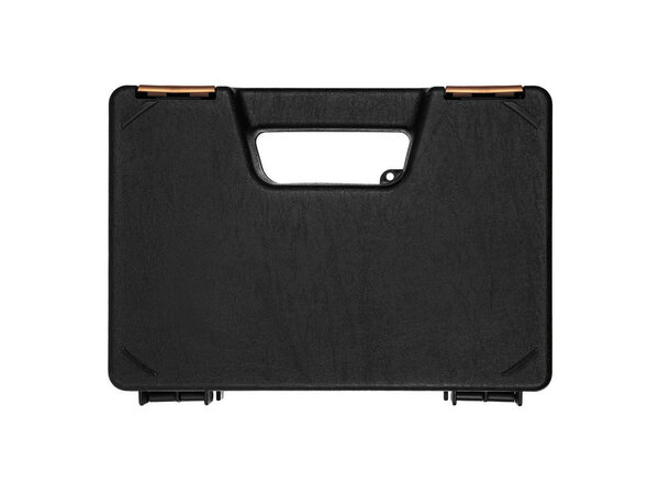 Black plastic case with foam inside. Black plastic hard case for transporting and storing weapons. Gun container isolate on a white background.