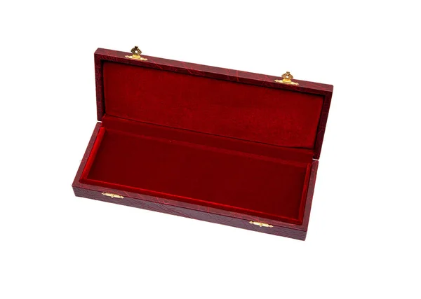 Red case with gilded locks. Box for an expensive gift. Luxury pa — 스톡 사진