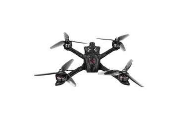 Beyaz arka planda modern FPV insansız hava aracı. Dört motorlu uçak açık. 