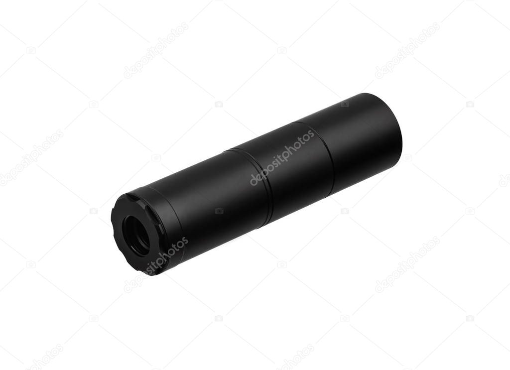 Black modern silencer for weapons. Suppressor that is at the end