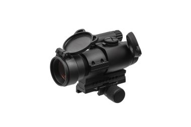 Modern siyah optik dürbün beyazda izole edilmiş bir silah için. Beyaz arkaplanda görüş alanı izole edildi