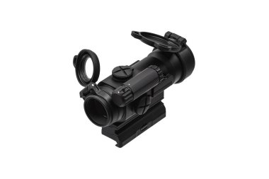 Modern siyah optik dürbün beyazda izole edilmiş bir silah için. Beyaz arkaplanda görüş alanı izole edildi