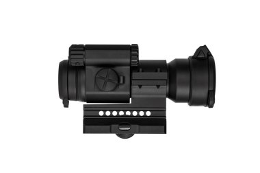 Modern siyah optik dürbün beyazda izole edilmiş bir silah için. Beyaz arkaplanda görüş alanı izole edildi