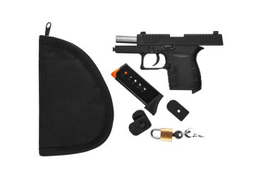 Beyaz bir arka planda izolasyon taşıyan modern küçük silah. Tabanca. Spor ve nefsi müdafaa silahları..