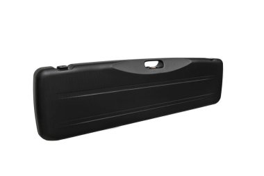 Silah taşımak ve depolamak için siyah plastik çanta. Silah taşıyıcısı beyaz arkaplanda izole edildi.