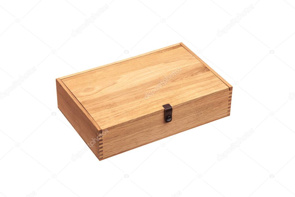 Wooden box with a lid isolate on a white background. Packaging for an expensive gift. New box made of light wood.