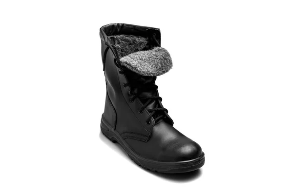 Bota Couro Preto Isolado Fundo Branco Nova Bota Exército Sapatos — Fotografia de Stock
