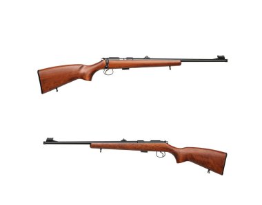 Küçük namlulu tüfek. 22 lr. Beyaz arka planda. Modern 22 kalibrelik yarı otomatik bir tüfek, beyaz kıçlı. Av sporları ve nefsi müdafaa için silahlar..