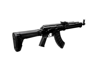 Otomatik karabina beyaz arkaplanda izole edildi. Polis, ordu ve özel birimler için silahlar. Siyah otomatik tüfek..