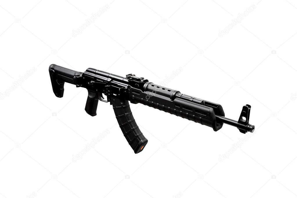 Automatic carbine isolate on white background. Weapons for police, army and special units. Black automatic rifle.