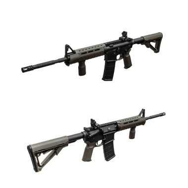 Modern otomatik tüfek beyaz arka planda izole edilmiş. Polis, özel kuvvetler ve ordu için silahlar. Mekanik görüşlü otomatik karabina. Beyaz sırtlı saldırı tüfeği..