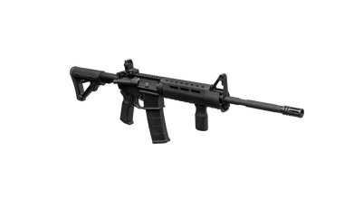 Beyaz sırtlı saldırı tüfeği. Modern otomatik tüfek beyaz arka planda izole edilmiş. Polis, özel kuvvetler ve ordu için silahlar. Mekanik görüşlü otomatik karabina. 