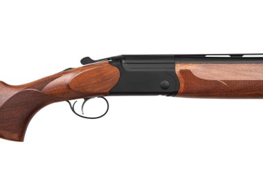 Classic vertical double-barreled hunting rifle isolate on a white background. Smoothbore weapon with a wooden butt for hunting, sports and self-defense.