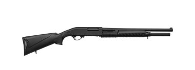 Modern pump-action shotgun with a plastic butt and fore-end isolate on a white background. Weapons for sports and self-defense. Armament of police, army and special units.