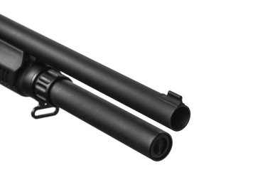 Modern pump-action shotgun with a plastic butt and fore-end isolate on a white background. Weapons for sports and self-defense. Armament of police, army and special units.