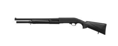Modern pump-action shotgun with a plastic butt and fore-end isolate on a white background. Weapons for sports and self-defense. Armament of police, army and special units.