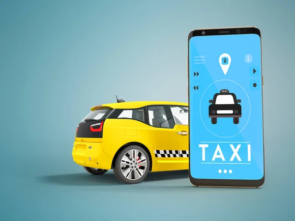 Moderna Begreppet Taxi Ringer Elbil Med Smartphone Mobila Rendering Blå — Stockfoto