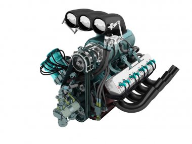 3D render beyaz arka plan gölge yok araba turbo motoru siyah mavi açık bakış açısı