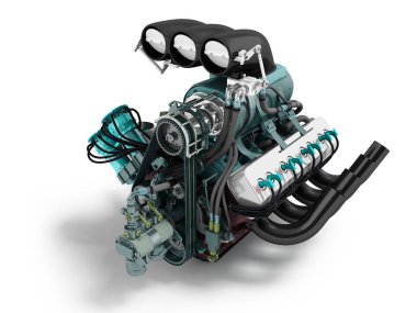 Araba turbo motoru siyah mavi açık bakış açısı 3d render gölge beyaz zemin üzerine