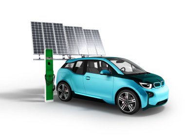 Bir elektrikli araba güneş pili 3d render beyaz zemin üzerinde bir gölge ile şarj Modern kavram