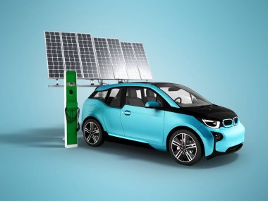 Bir elektrikli araba güneş pili 3d render mavi bir arka plan üzerinde bir gölge ile şarj Modern kavram