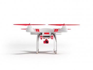 Quadrocopter beyaz gölge beyaz zemin üzerine kırmızı pervaneleri 3d render ile