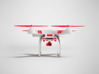 Quadrocopter beyaz gölge beyaz zemin üzerine kırmızı pervaneleri 3d render ile