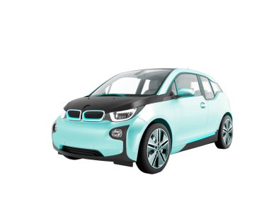 Modern elektrikli arabanın önüne bir beyaz 3d render gölge yok arka plan mavi bir bakış açısı