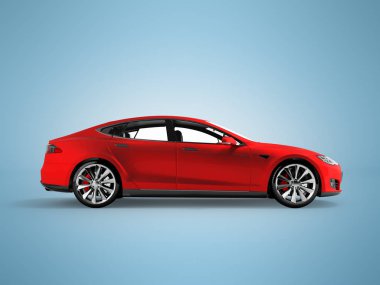 Modern elektrikli araba kırmızı yan 3d render gölge ile mavi arka plan üzerinde