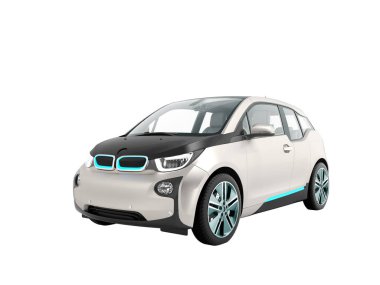 Modern elektrikli otomobil önünde beyaz perspektif 3d render beyaz arka plan gölge yok