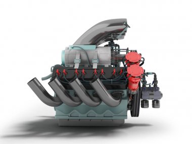 Araba motoru sol gri gölgeli beyaz bir arka plan üzerinde 3d render