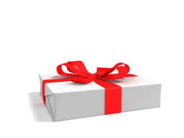 Hediye orta beyaz kağıt bir gölge bir beyaz zemin üzerine kırmızı kurdele perspektif 3d render ile