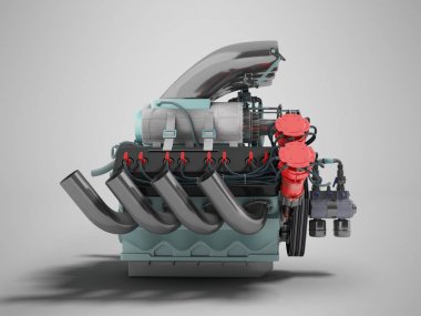 Araba motoru sol gri gölgeli gri bir arka plan üzerinde 3d render